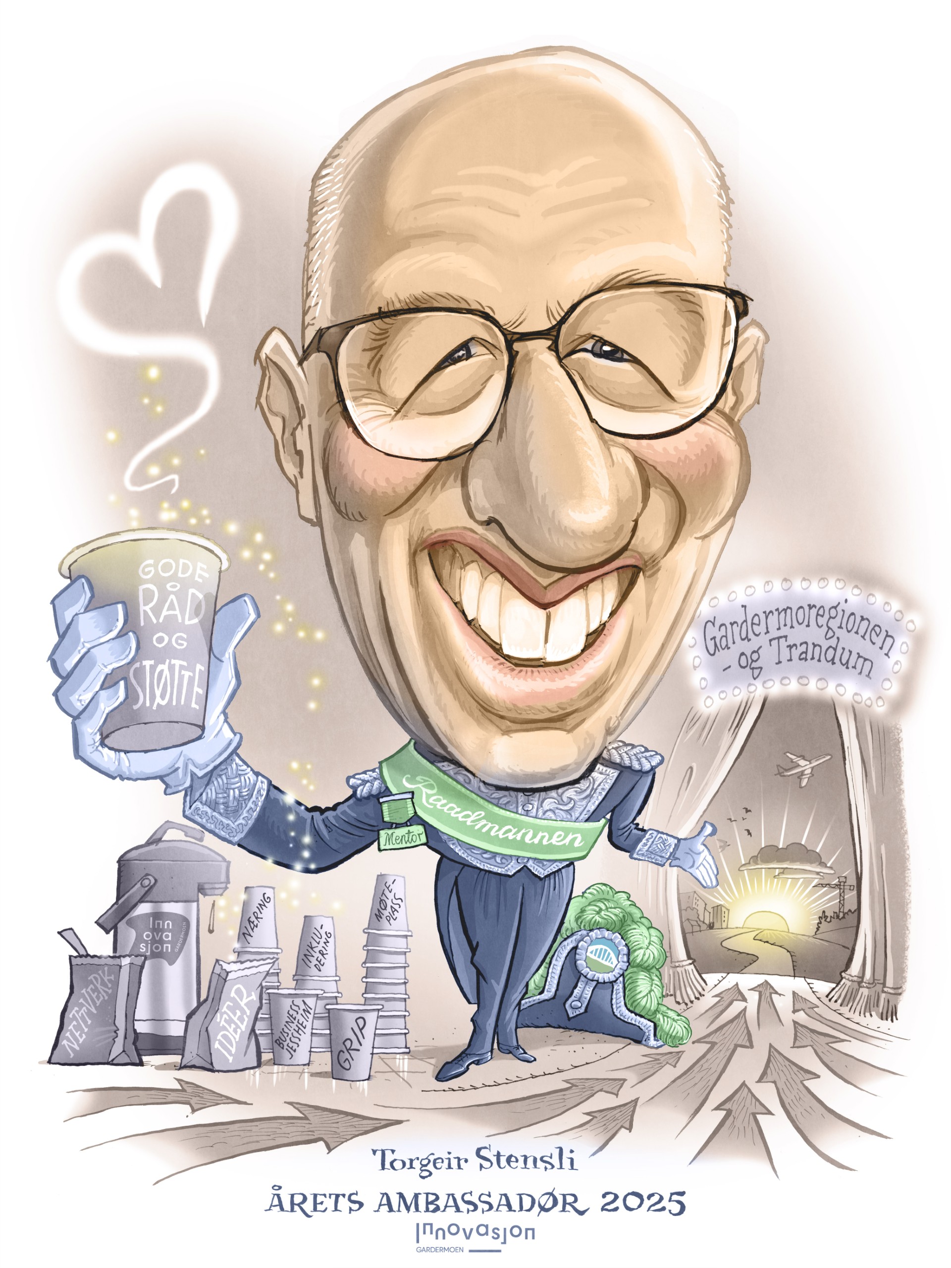 Karekaturtegning av Torgeir Stensli. Illustratør: Egil Nyhus